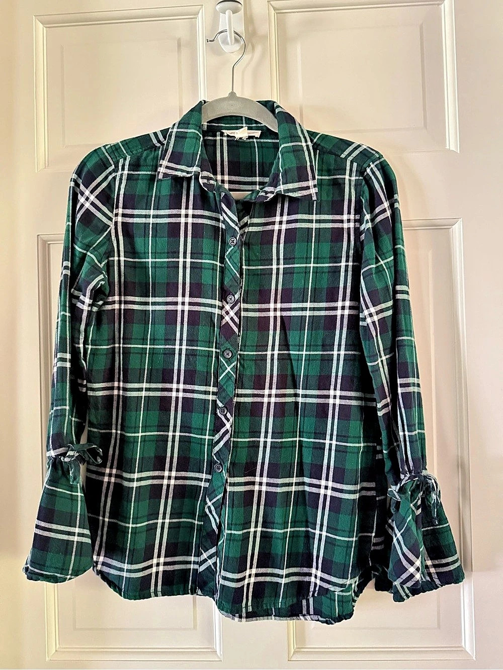 BeachLunchLounge Plaid Tie Sleeve Shirt Green XS Like New